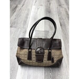 COACH Soho Signature Flap Satchel Handbag Brown Canvas Leather Buckle Bag 10602